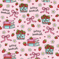 Berry Bookish Strawberry Fruit Floral Literary Print Scrub Cap Euro, Euro Ponytail and Tie Back Optional Satin Lining