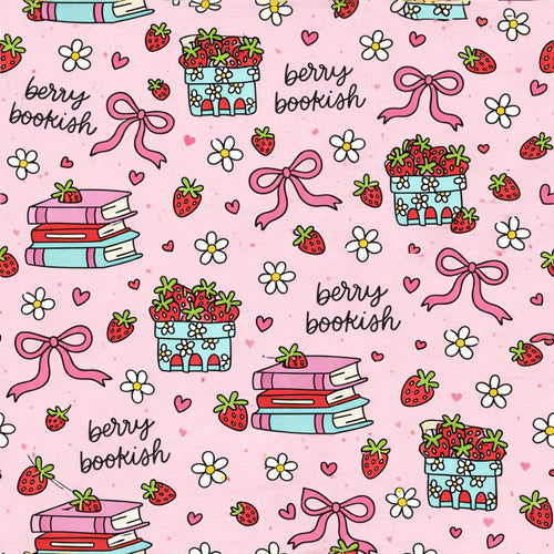 Berry Bookish Strawberry Fruit Floral Literary Print Scrub Cap Euro, Euro Ponytail and Tie Back Optional Satin Lining