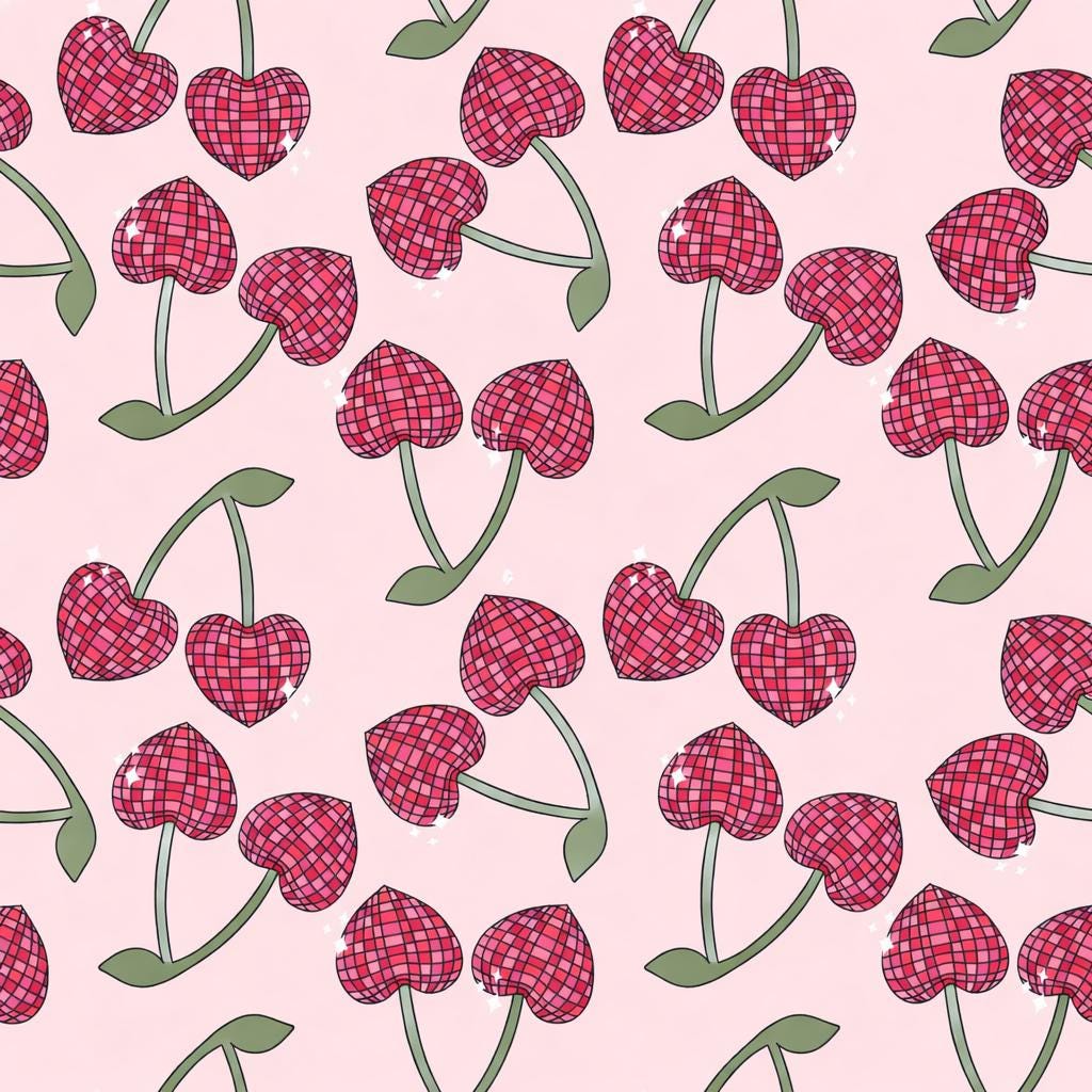 Retro Disco Cherry Fruit Food Print Scrub Cap Euro, Euro Ponytail and Tie Back Optional Satin Lining