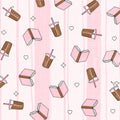 Pink and White Striped Coffee and Book Lover Coquette Print Scrub Cap Euro, Euro Ponytail and Tie Back Optional Satin Lining