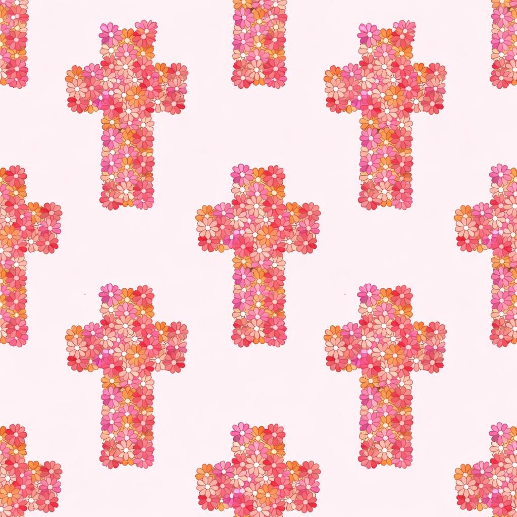 Floral Christian Catholic Jesus Cross Religious Easter Print Scrub Cap Euro, Euro Ponytail and Tie Back Optional Satin Lining