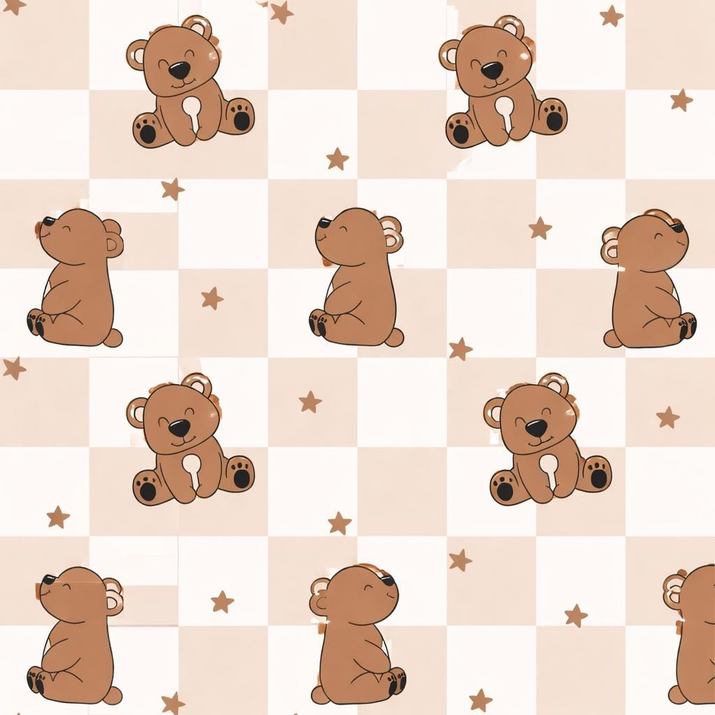 Checkered Bear Animal Vet Pediatric Print Scrub Cap Euro, Euro Ponytail and Tie Back Optional Satin Lining