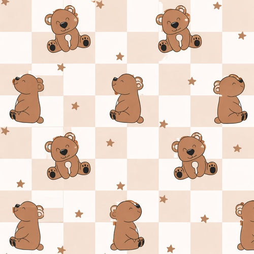 Checkered Bear Animal Vet Pediatric Print Scrub Cap Euro, Euro Ponytail and Tie Back Optional Satin Lining