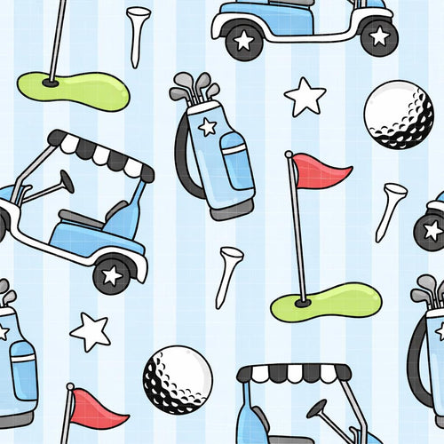 Blue and White Striped Golf Sports Activity Print Scrub Cap Euro, Euro Ponytail and Tie Back Optional Satin Lining