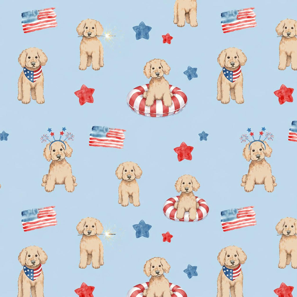 Golden Doodle Dog Lover USA Red and White Fourth of July Print Scrub Cap Euro, Euro Ponytail and Tie Back Optional Satin Lining