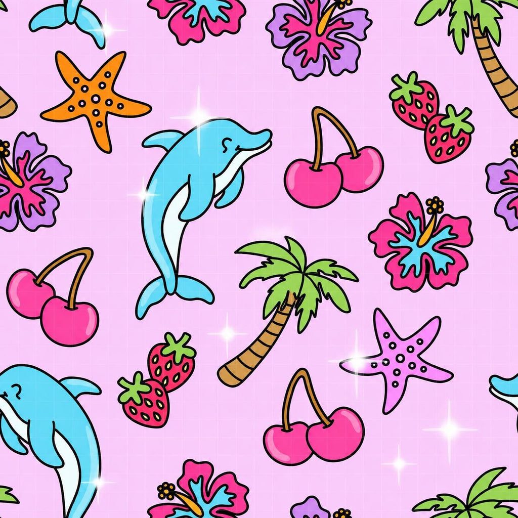 Summer Beach Dolphin Ocean Coastal Midnight Sun Print Scrub Cap Euro, Euro Ponytail and Tie Back Optional Satin Lining