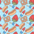 American Fourth of July Summer Foods Pretzel Hotdog Strawberry Print Scrub Cap Euro, Euro Ponytail and Tie Back Optional Satin Lining