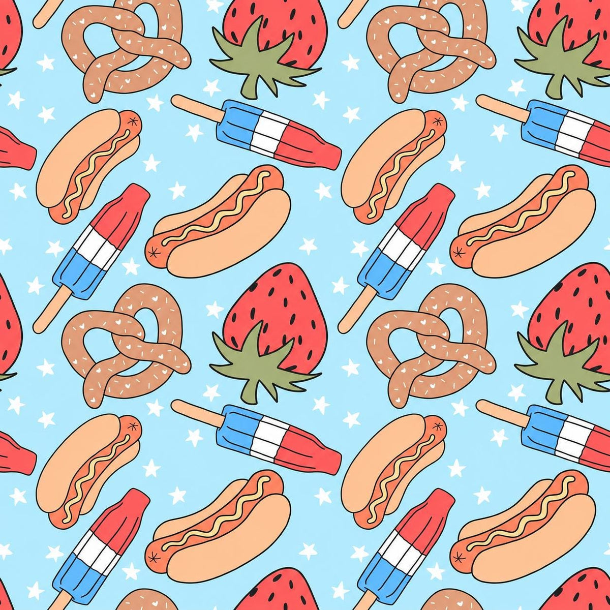 American Fourth of July Summer Foods Pretzel Hotdog Strawberry Print Scrub Cap Euro, Euro Ponytail and Tie Back Optional Satin Lining