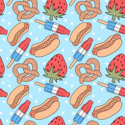 American Fourth of July Summer Foods Pretzel Hotdog Strawberry Print Scrub Cap Euro, Euro Ponytail and Tie Back Optional Satin Lining