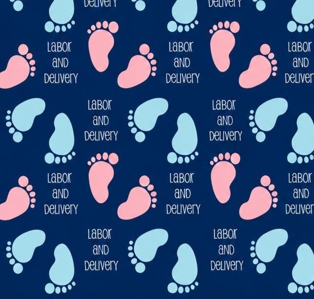 Footprint Doula OBGYN Midwife Maternity L&D Labour and Delivery Print Scrub Cap Euro, Euro Ponytail and Tie Back Optional Satin Lining