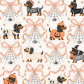 Halloween Dachshund Weiner Dog Costume, Witch, Pumpkin Coquette Print Scrub Cap Euro, Euro Ponytail and Tie Back Optional Satin Lining