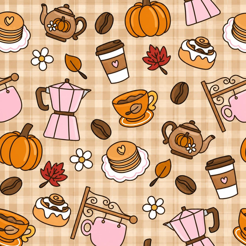 Coffee Shop Cozy Bakery Cinnamon Bun Pumpkin Autumn Fall Halloween Print Scrub Cap Euro, Euro Ponytail and Tie Back Optional Satin Lining