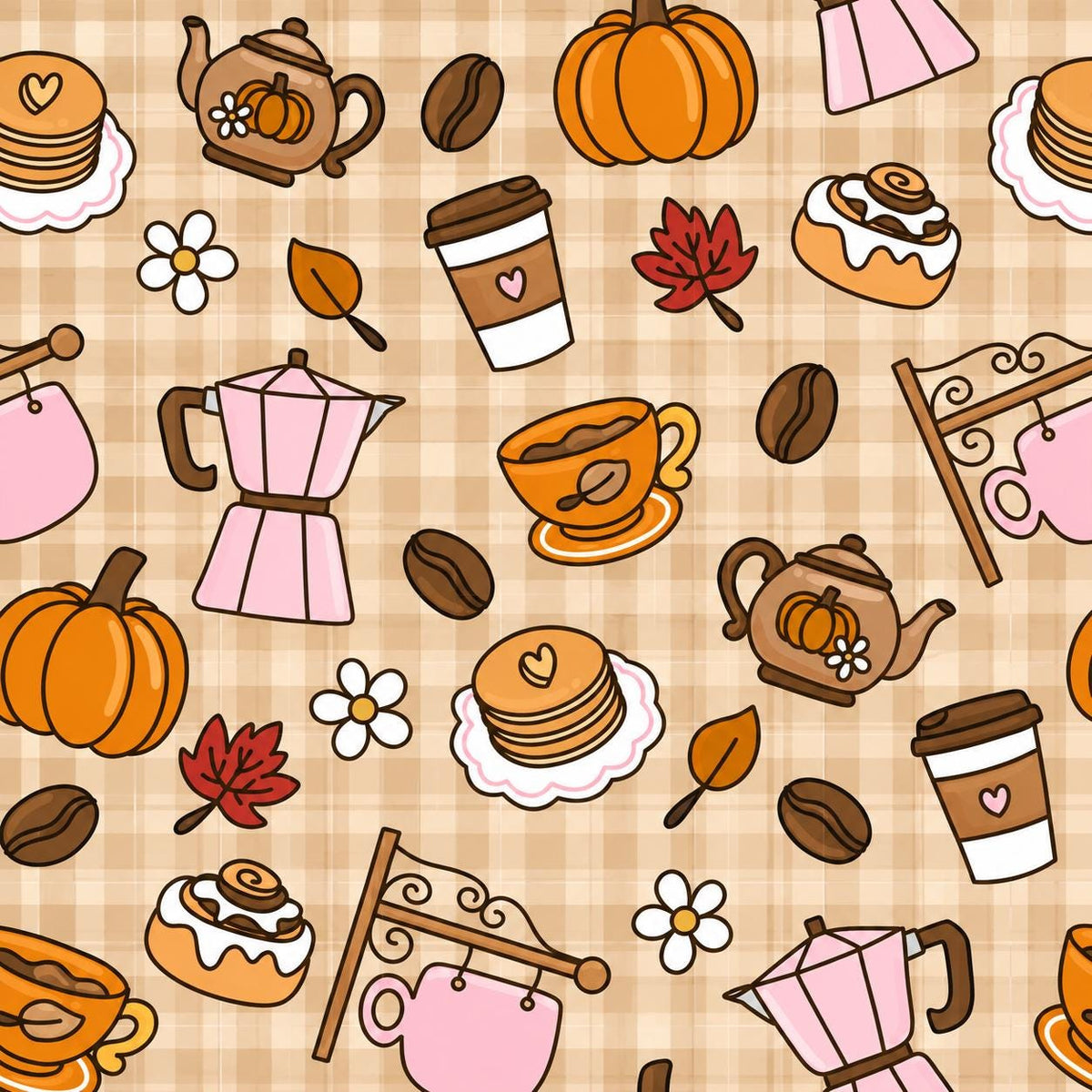 Coffee Shop Cozy Bakery Cinnamon Bun Pumpkin Autumn Fall Halloween Print Scrub Cap Euro, Euro Ponytail and Tie Back Optional Satin Lining