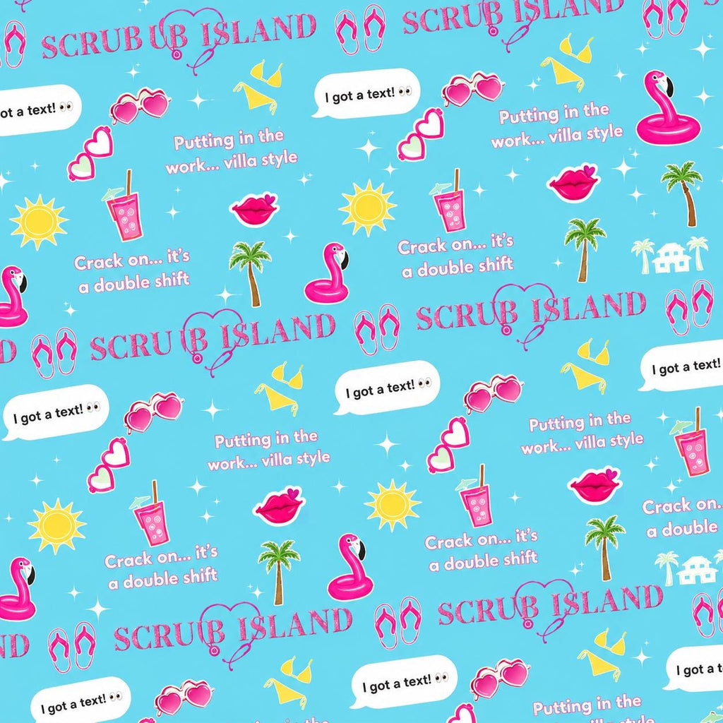 Scrub Island Love Funny Summer Reality Show Print Scrub Cap Euro, Euro Ponytail and Tie Back Optional Satin Lining
