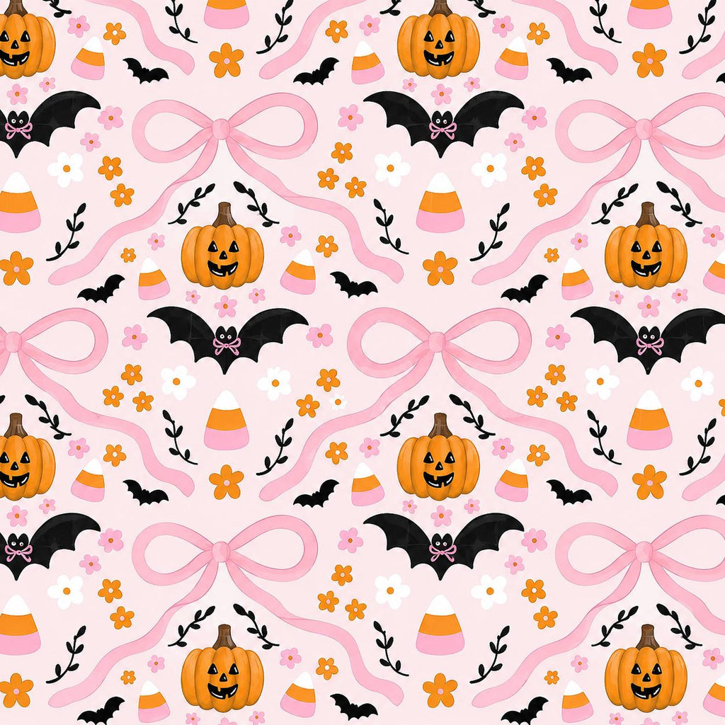 Halloween Pink Bow Coquette Spooky Bat Pumpkin Candy Corn Print Scrub Cap Euro, Euro Ponytail and Tie Back Optional Satin Lining