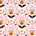 Halloween Pink Bow Coquette Spooky Bat Pumpkin Candy Corn Print Scrub Cap Euro, Euro Ponytail and Tie Back Optional Satin Lining