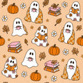 Cozy Halloween Fall Ghost Pumpkin Literary Book Lover Print Scrub Cap Euro, Euro Ponytail and Tie Back Optional Satin Lining