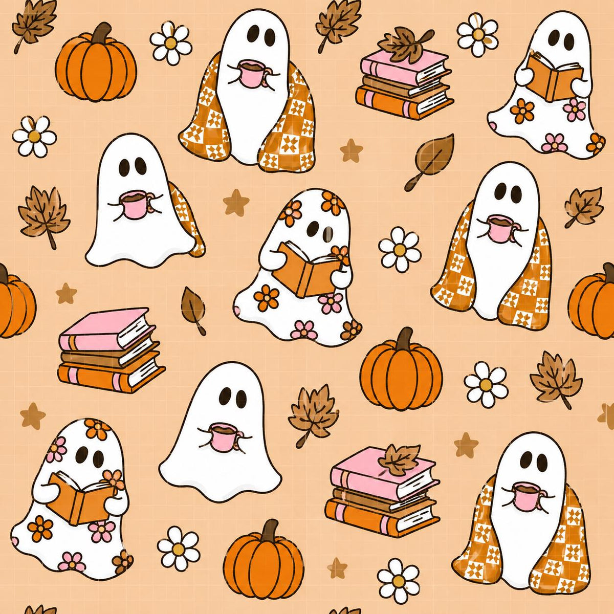 Cozy Halloween Fall Ghost Pumpkin Literary Book Lover Print Scrub Cap Euro, Euro Ponytail and Tie Back Optional Satin Lining