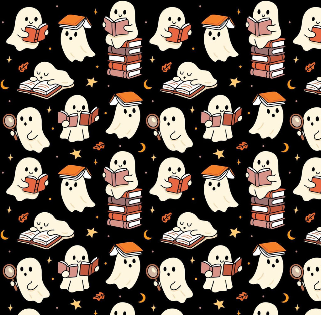 Spooky Halloween Ghost Ghoul Fall Reading Book Print Scrub Cap Euro, Euro Ponytail and Tie Back Optional Satin Lining