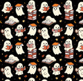 Spooky Halloween Ghost Ghoul Fall Reading Book Print Scrub Cap Euro, Euro Ponytail and Tie Back Optional Satin Lining