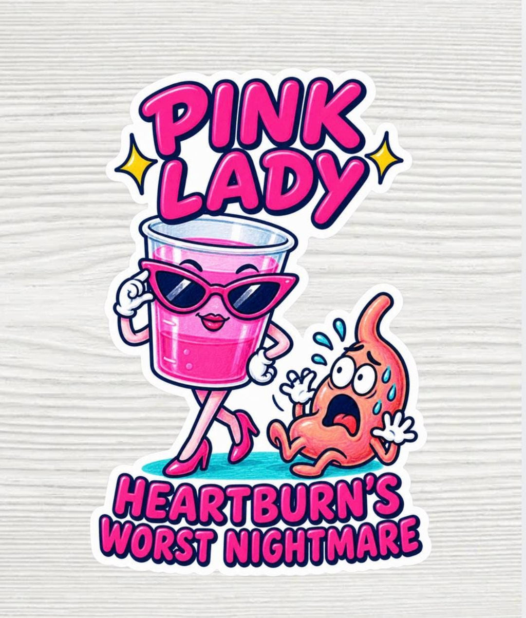 Pink Lady Heartburn Sticker | Funny Nurse Sticker | Medical Humor Vinyl Decal | ER Nurse Gift | Waterproof 2x2 Die Cut Sticker