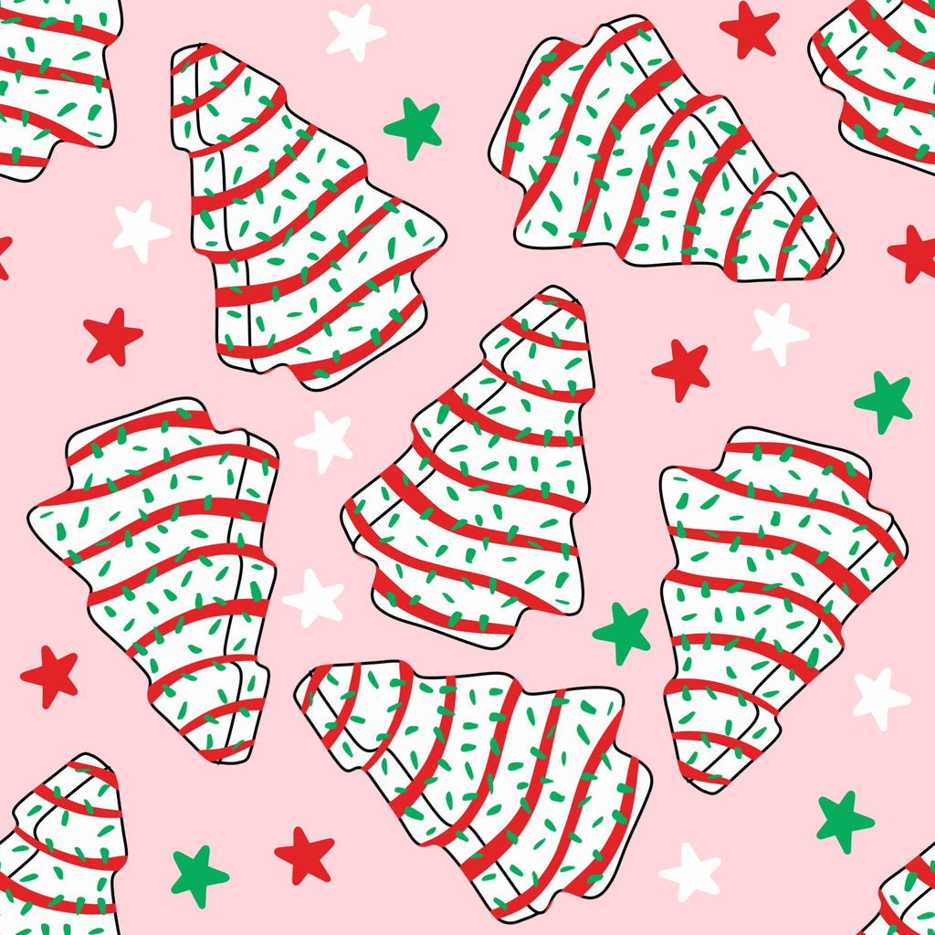 Pink Christmas Tree Holiday Snack Cake Cookie Print Scrub Cap Euro, Euro Ponytail and Tie Back Optional Satin Lining